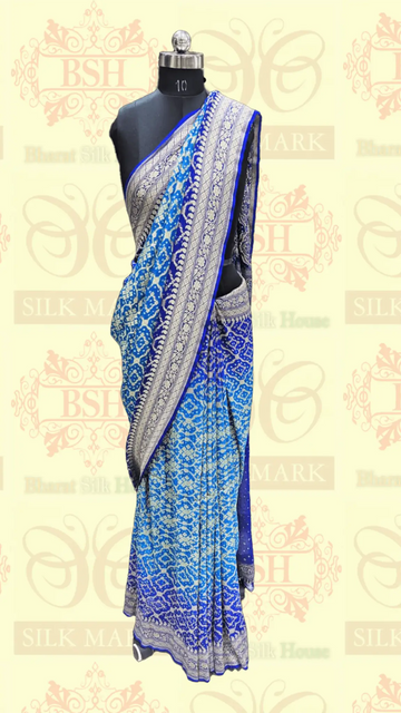 Pure Georgette Bandhej Banarasi Handloom Saree In Dual Shades Of Blue - Bharat Silk House Bandhej