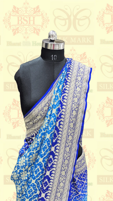 Pure Georgette Bandhej Banarasi Handloom Saree In Dual Shades Of Blue - Bharat Silk House Bandhej