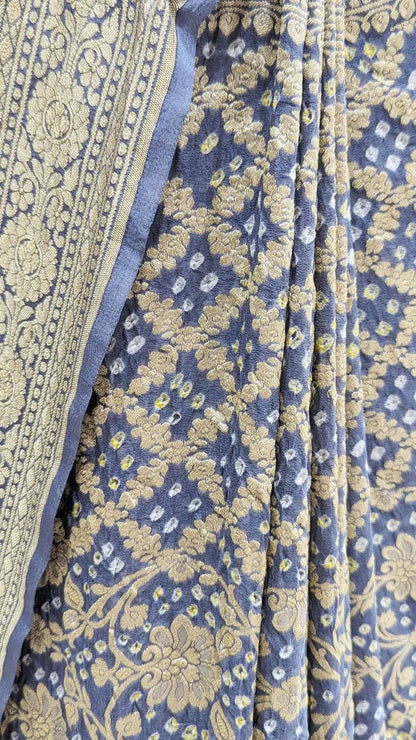 Pure Georgette Bandhej Banarasi Handloom Saree In Shades Of Grey - Bharat Silk House Bandhej