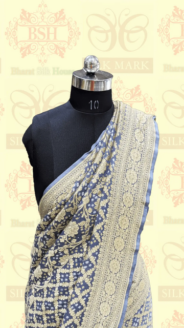Pure Georgette Bandhej Banarasi Handloom Saree In Shades Of Grey - Bharat Silk House Bandhej
