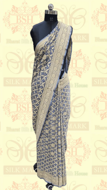 Pure Georgette Bandhej Banarasi Handloom Saree In Shades Of Grey - Bharat Silk House Bandhej