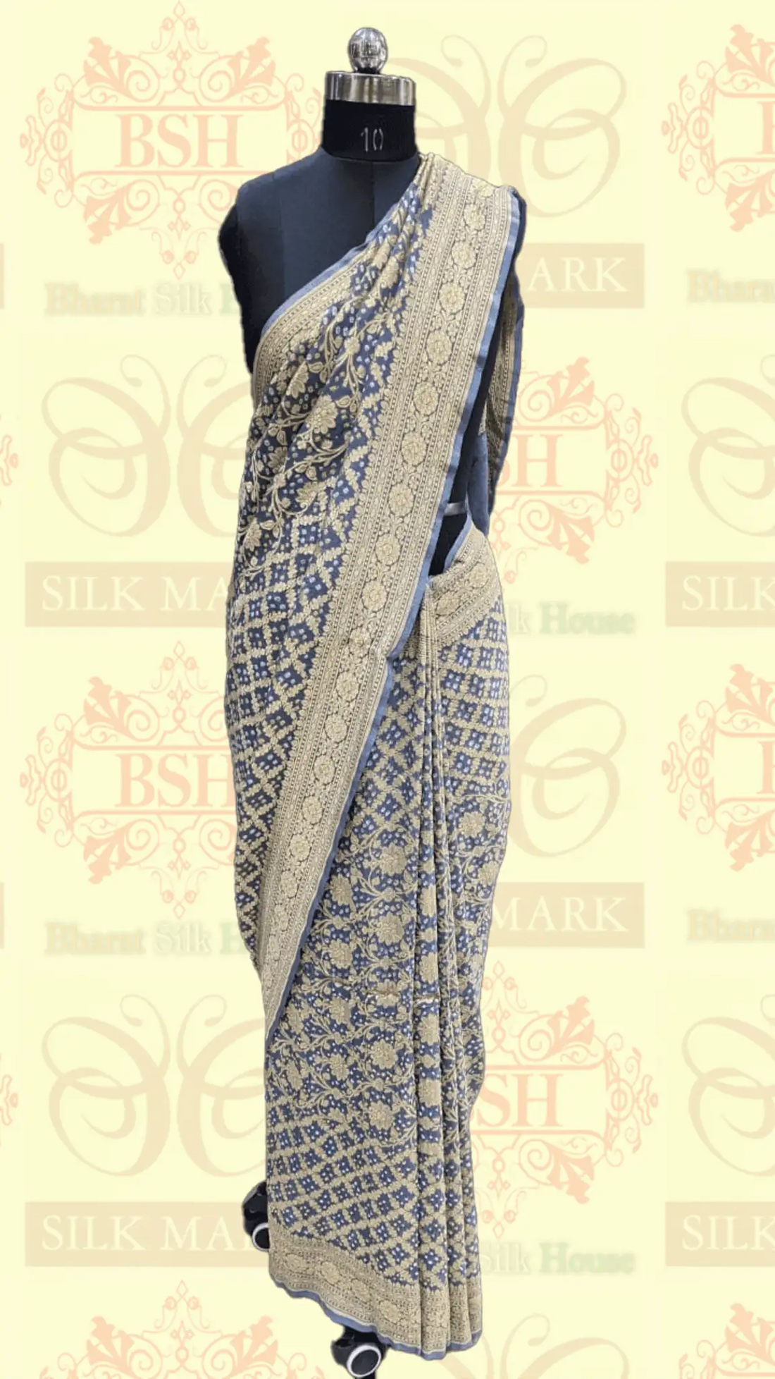 Pure Georgette Bandhej Banarasi Handloom Saree In Shades Of Grey - Bharat Silk House Bandhej