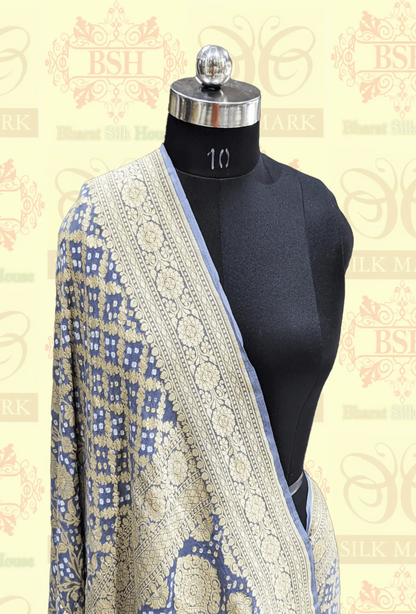 Pure Georgette Bandhej Banarasi Handloom Saree In Shades Of Grey - Bharat Silk House Bandhej
