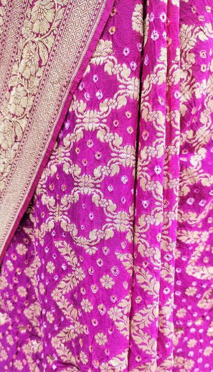 Pure Georgette Bandhej Banarasi Handloom Saree In Shades Of Pink - Bharat Silk House Bandhej