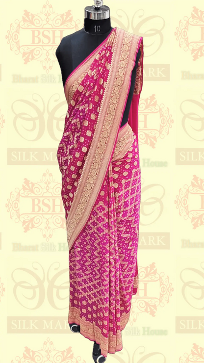 Pure Georgette Bandhej Banarasi Handloom Saree In Shades Of Pink - Bharat Silk House Bandhej
