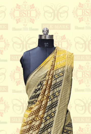 Pure Georgette Bandhej Handloom Banaraasi Saree In Dual Shades Of Mehendi/Mustard - Bharat Silk House Bandhej