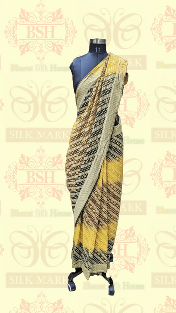 Pure Georgette Bandhej Handloom Banaraasi Saree In Dual Shades Of Mehendi/Mustard - Bharat Silk House Bandhej