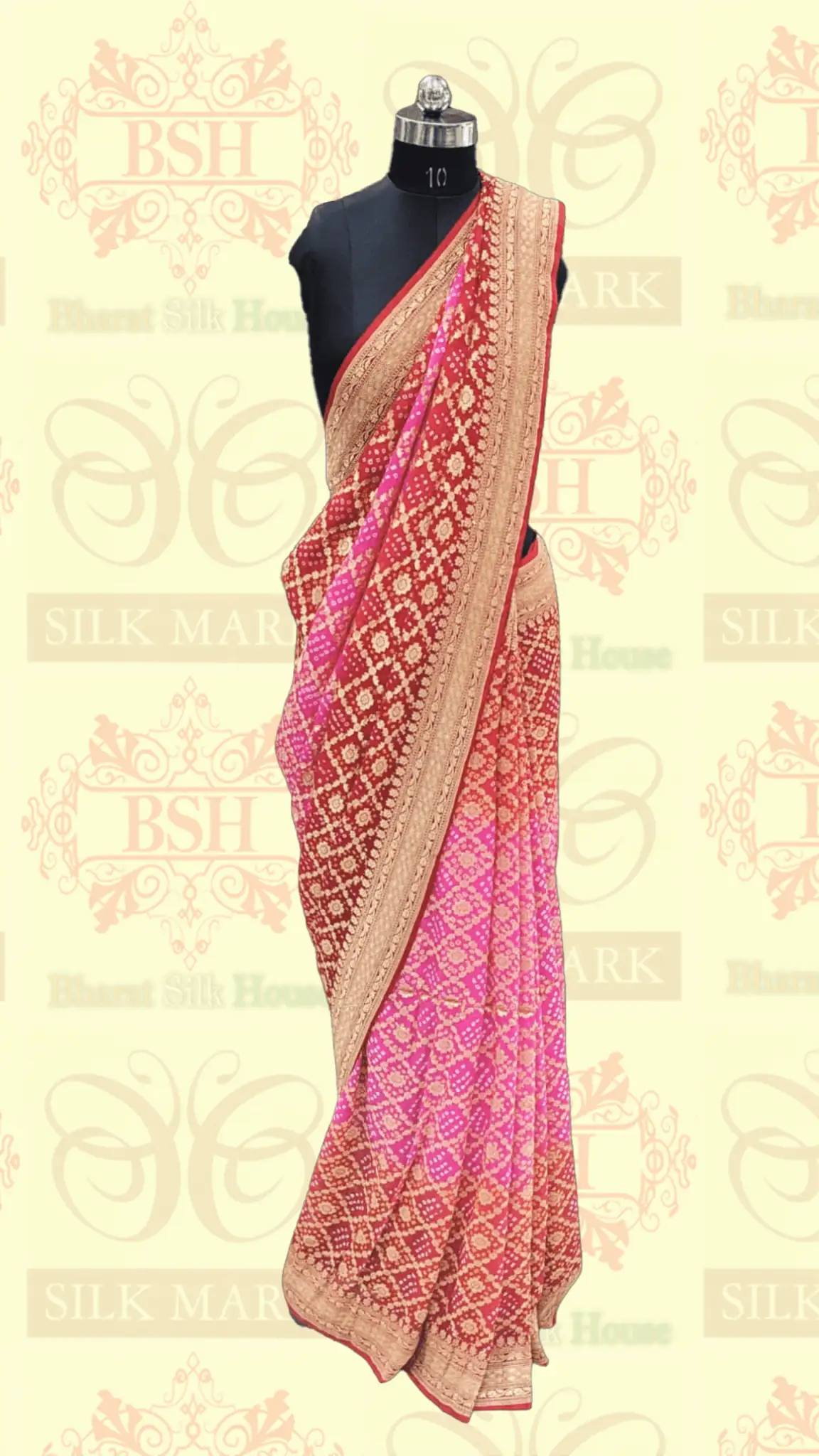 Pure Georgette Bandhej Handloom Banarasi Saree In Shades Of Red/Pink - Bharat Silk House Bandhej