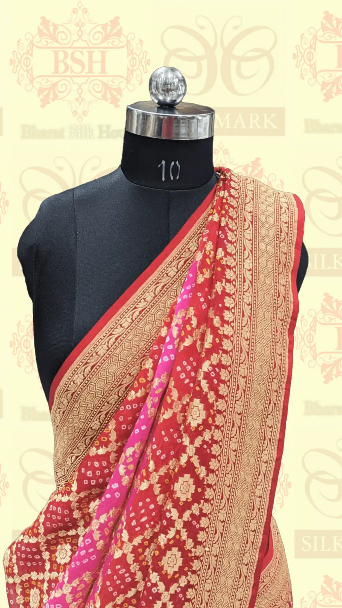 Pure Georgette Bandhej Handloom Banarasi Saree In Shades Of Red/Pink - Bharat Silk House Bandhej