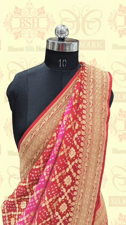 Pure Georgette Bandhej Handloom Banarasi Saree In Shades Of Red/Pink - Bharat Silk House Bandhej