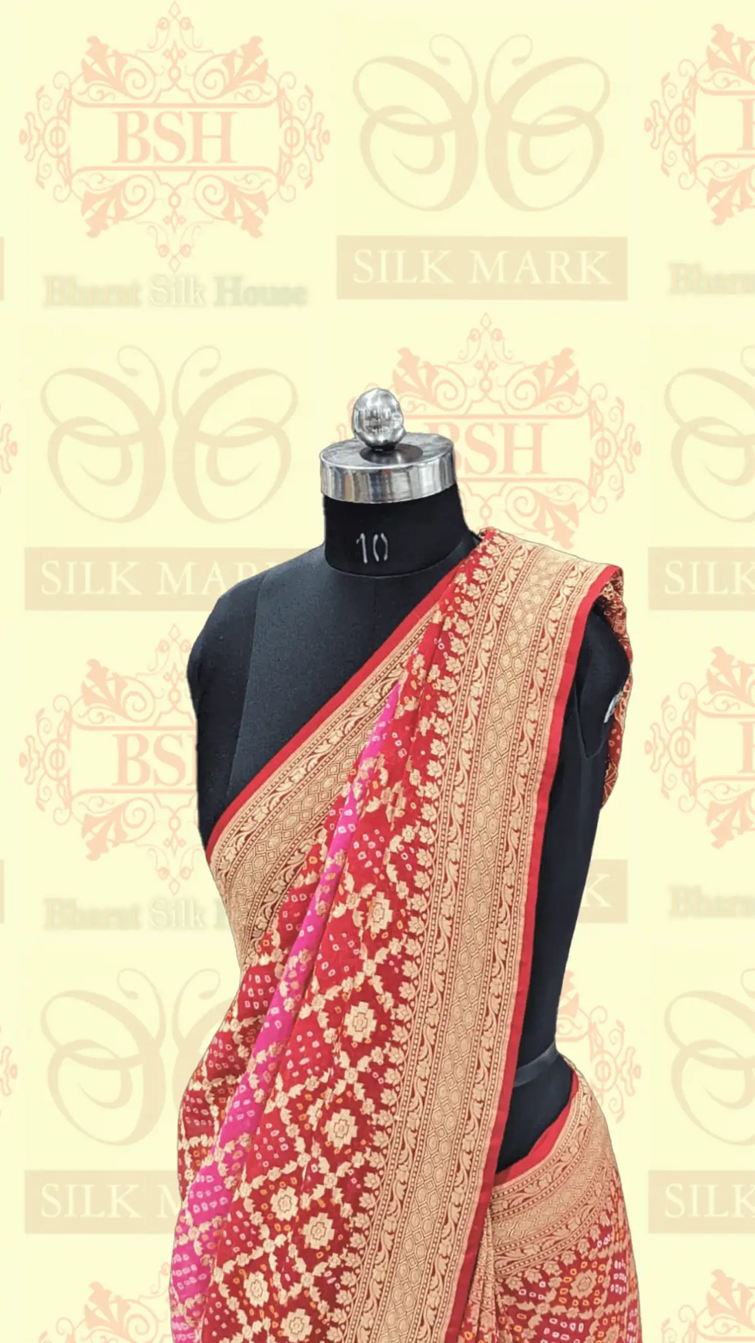 Pure Georgette Bandhej Handloom Banarasi Saree In Shades Of Red/Pink - Bharat Silk House Bandhej