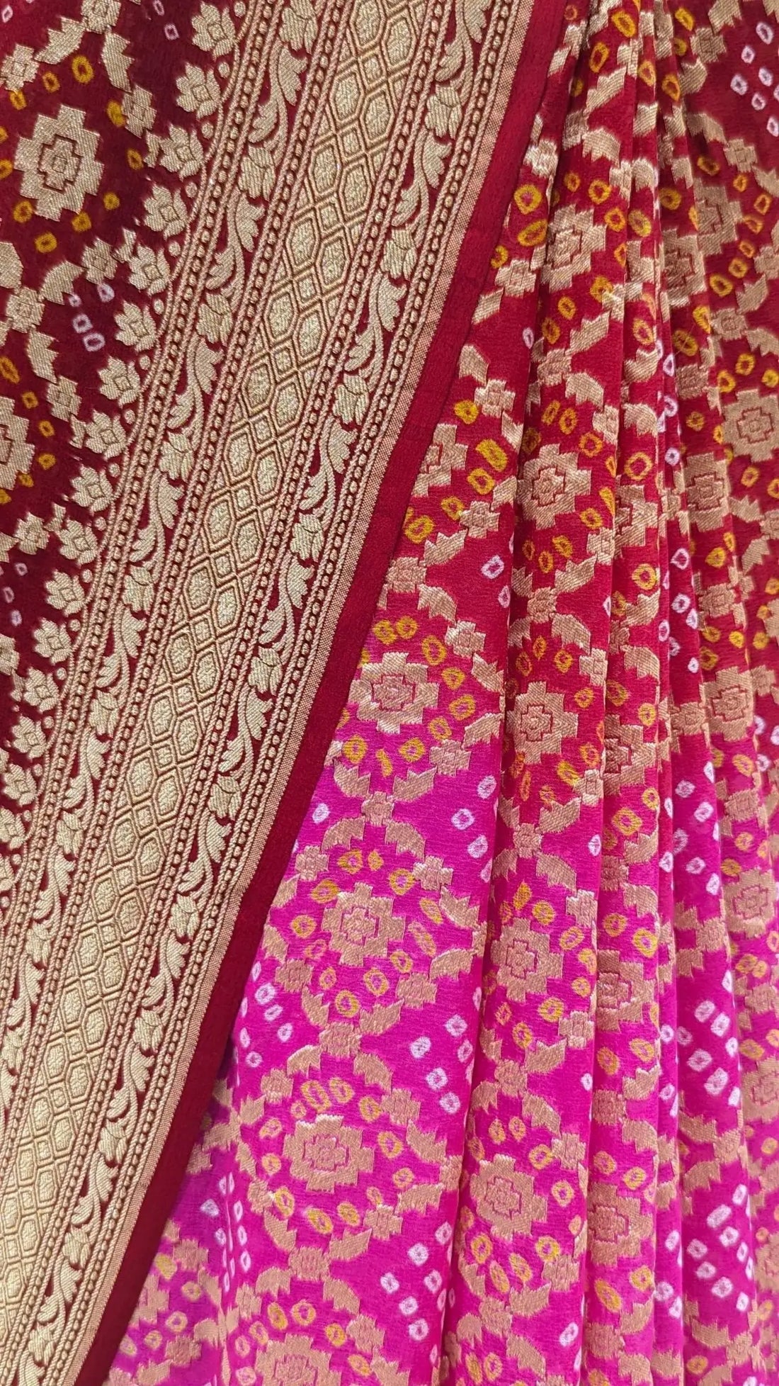 Pure Georgette Bandhej Handloom Banarasi Saree In Shades Of Red/Pink - Bharat Silk House Bandhej