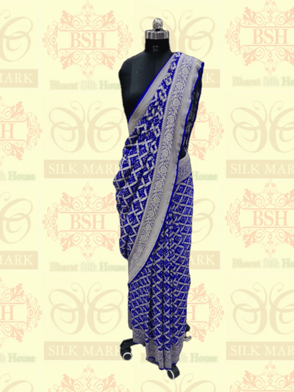 Pure Georgette Bandhej Handloom Banarasi Saree In Shades Of Royal Blue - Bharat Silk House Bandhej