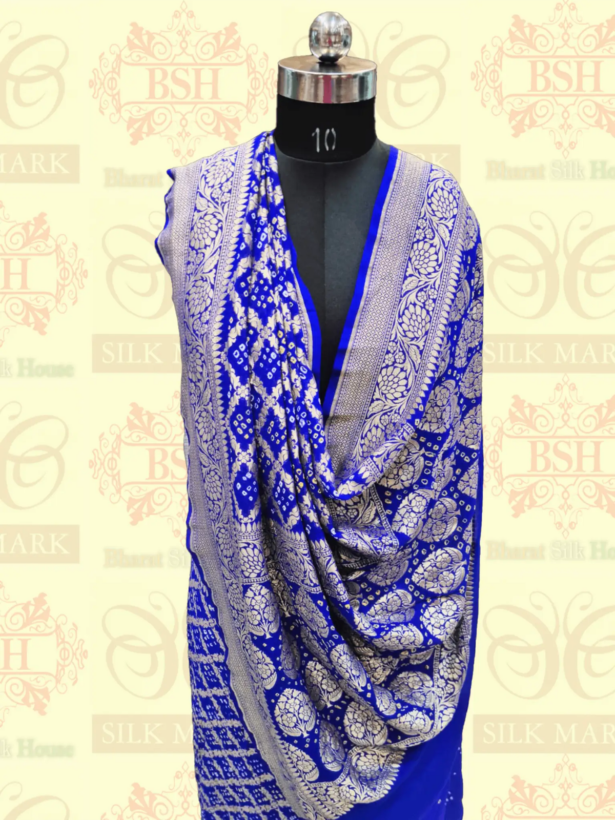 Pure Georgette Bandhej Handloom Banarasi Saree In Shades Of Royal Blue - Bharat Silk House Bandhej