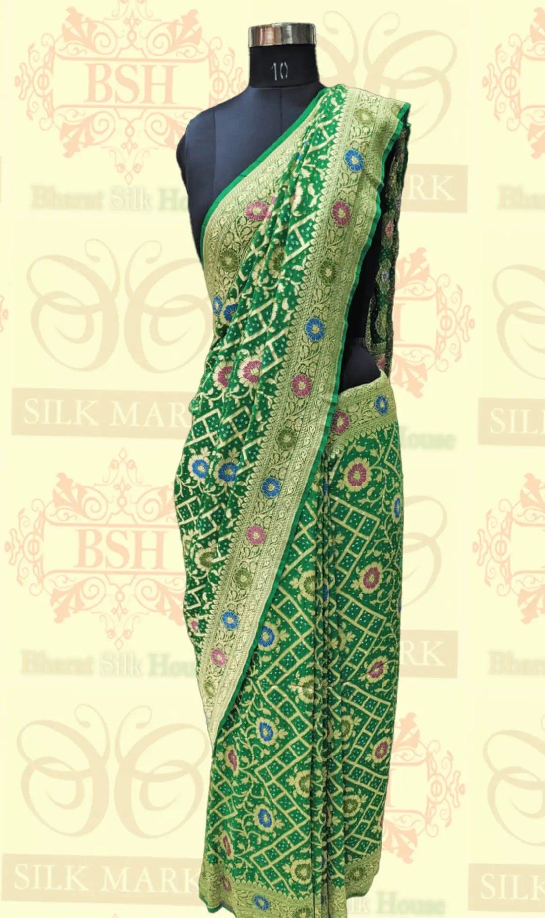Pure Georgette Bandhej Meenakari Banarasi Saree In Shades Of Green - Bharat Silk House Bandhej