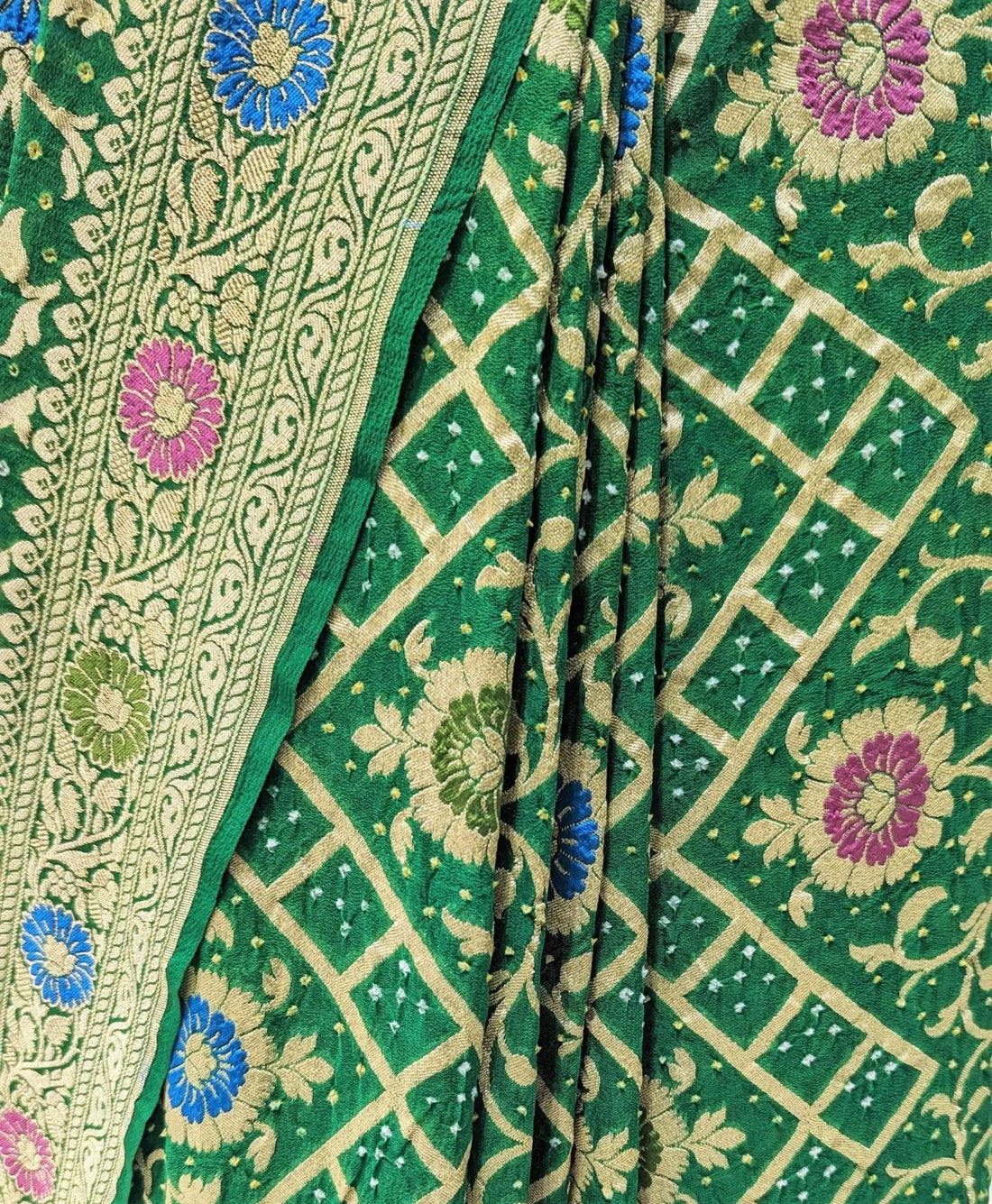 Pure Georgette Bandhej Meenakari Banarasi Saree In Shades Of Green - Bharat Silk House Bandhej
