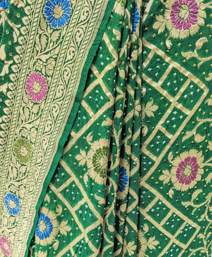 Pure Georgette Bandhej Meenakari Banarasi Saree In Shades Of Green - Bharat Silk House Bandhej