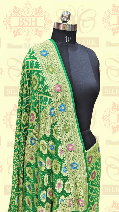 Pure Georgette Bandhej Meenakari Banarasi Saree In Shades Of Green - Bharat Silk House Bandhej