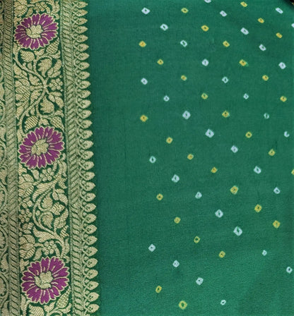 Pure Georgette Bandhej Meenakari Banarasi Saree In Shades Of Green - Bharat Silk House Bandhej