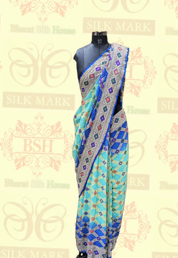 Pure Georgette Bandhej Meenakari Handloom Saree In Shades Of Royal & Celeste - Bharat Silk House Bandhej