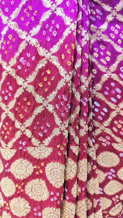 Pure Georgette Handloom Banarasi Bandhej Saaree In Dual Shades Of Red/Pink - Bharat Silk House Bandhej