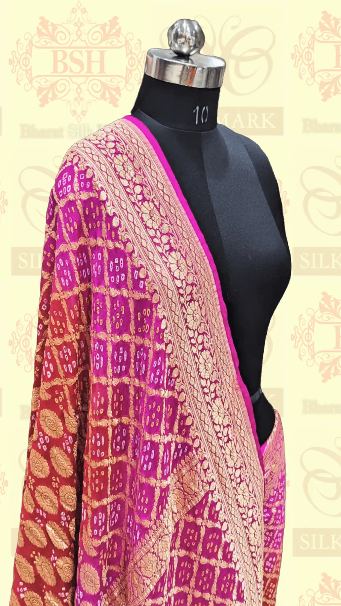 Pure Georgette Handloom Banarasi Bandhej Saaree In Dual Shades Of Red/Pink - Bharat Silk House Bandhej