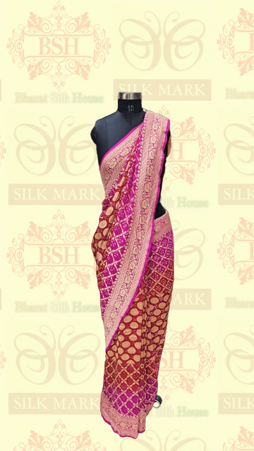 Pure Georgette Handloom Banarasi Bandhej Saaree In Dual Shades Of Red/Pink - Bharat Silk House Bandhej