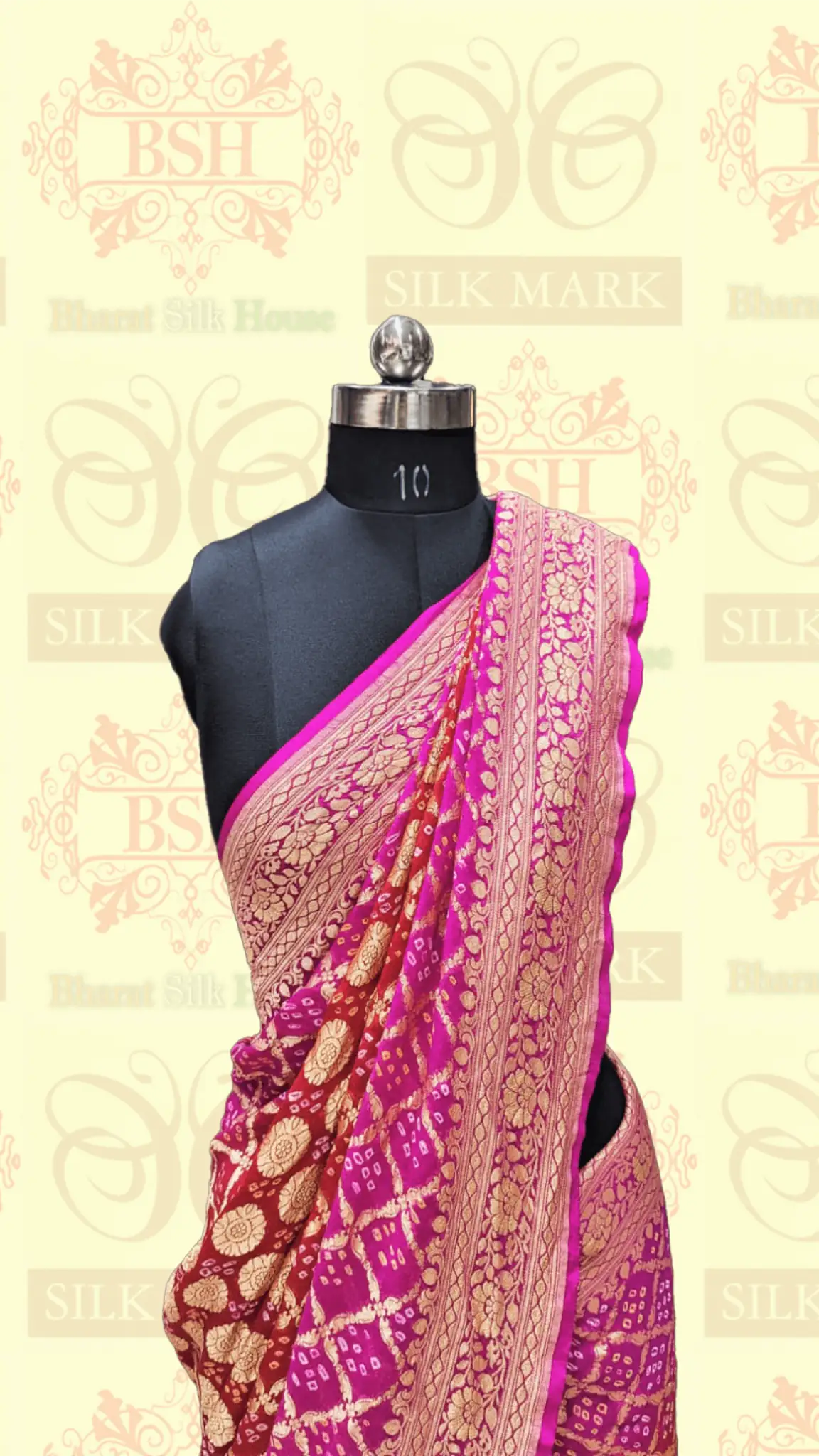 Pure Georgette Handloom Banarasi Bandhej Saaree In Dual Shades Of Red/Pink - Bharat Silk House Bandhej