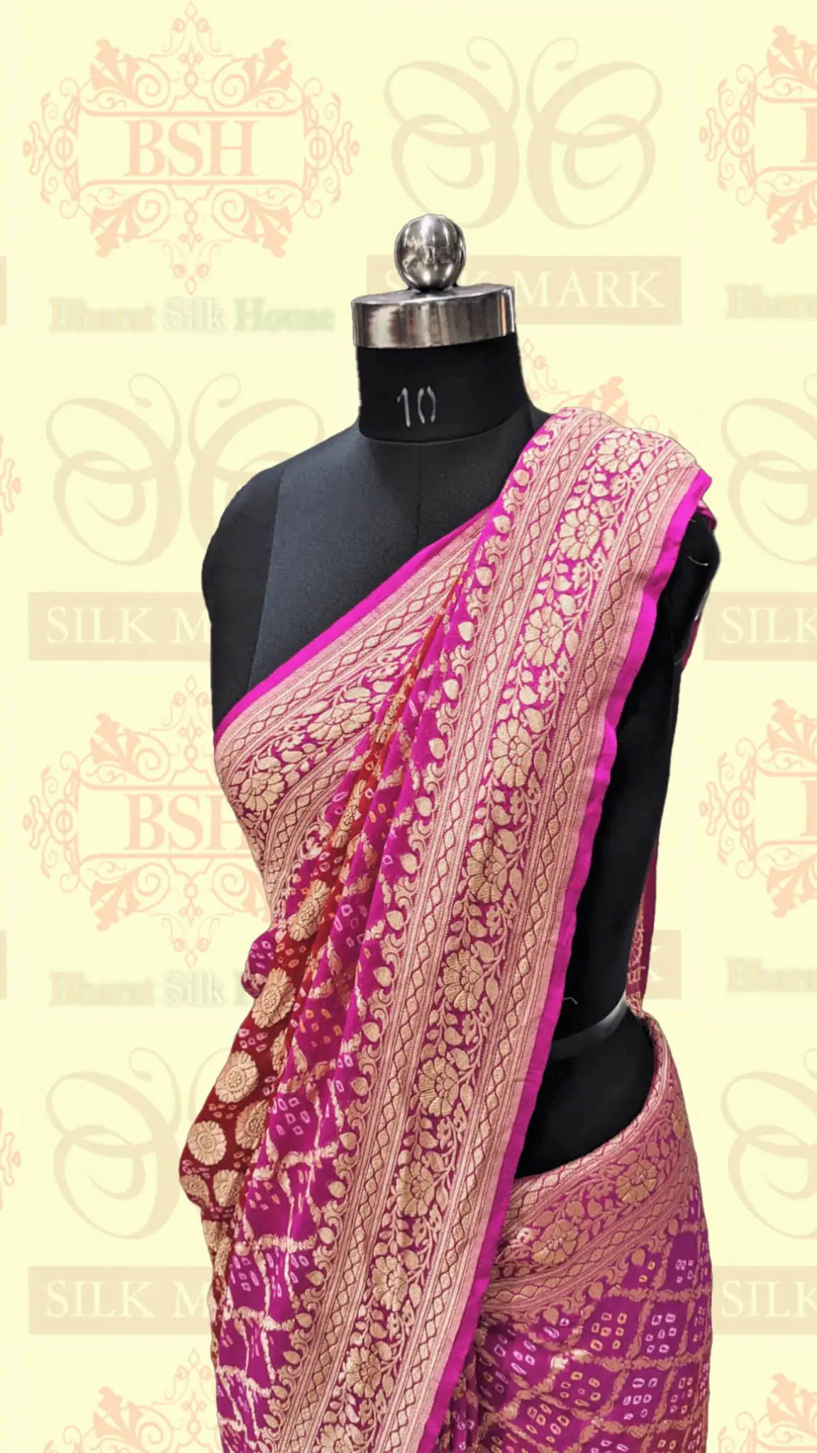 Pure Georgette Handloom Banarasi Bandhej Saaree In Dual Shades Of Red/Pink - Bharat Silk House Bandhej