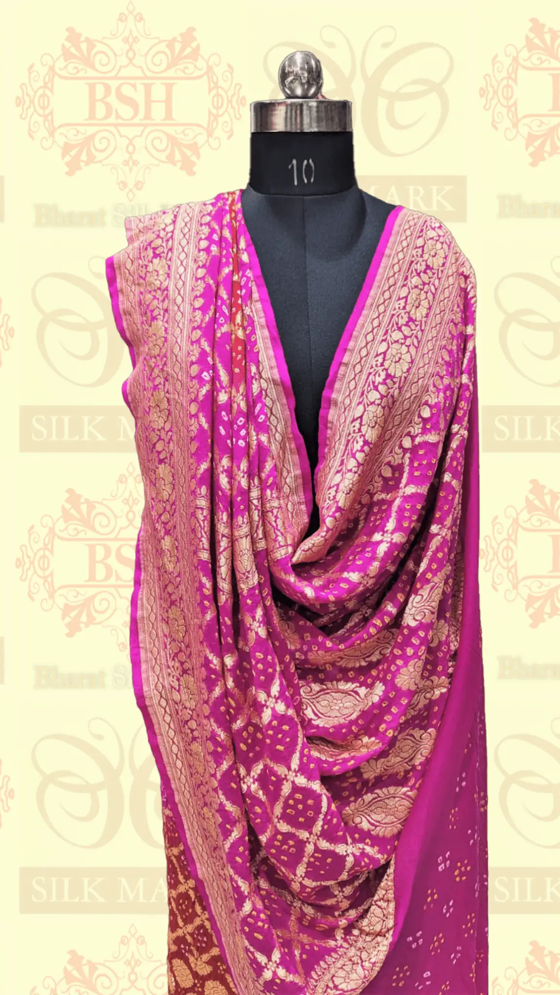 Pure Georgette Handloom Banarasi Bandhej Saaree In Dual Shades Of Red/Pink - Bharat Silk House Bandhej