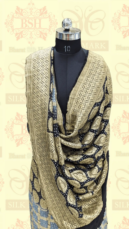 Pure Georgette Handloom Banarasi Bandhej Saree In Dual Shades Of Black/Grey - Bharat Silk House Bandhej