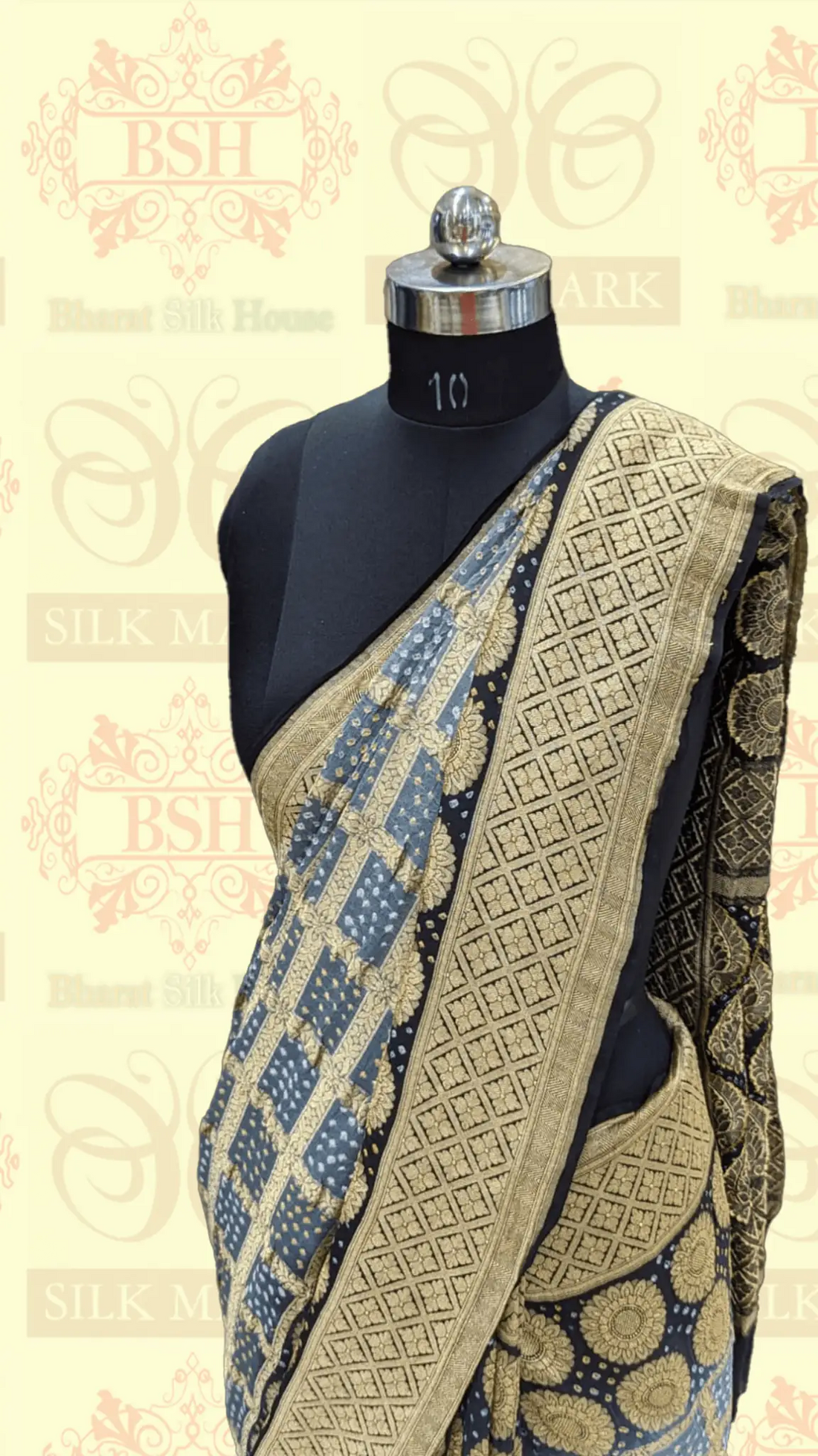Pure Georgette Handloom Banarasi Bandhej Saree In Dual Shades Of Black/Grey - Bharat Silk House Bandhej
