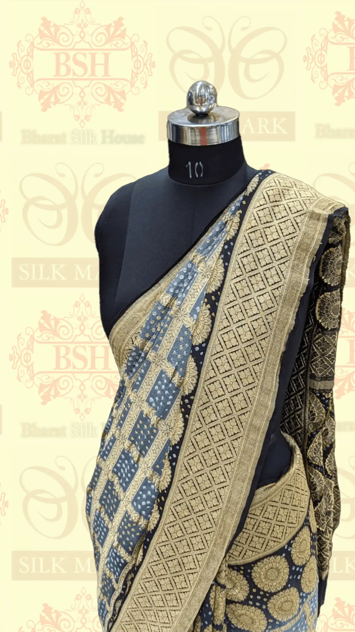 Pure Georgette Handloom Banarasi Bandhej Saree In Dual Shades Of Black/Grey - Bharat Silk House Bandhej