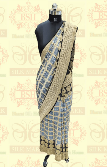 Pure Georgette Handloom Banarasi Bandhej Saree In Dual Shades Of Black/Grey - Bharat Silk House Bandhej