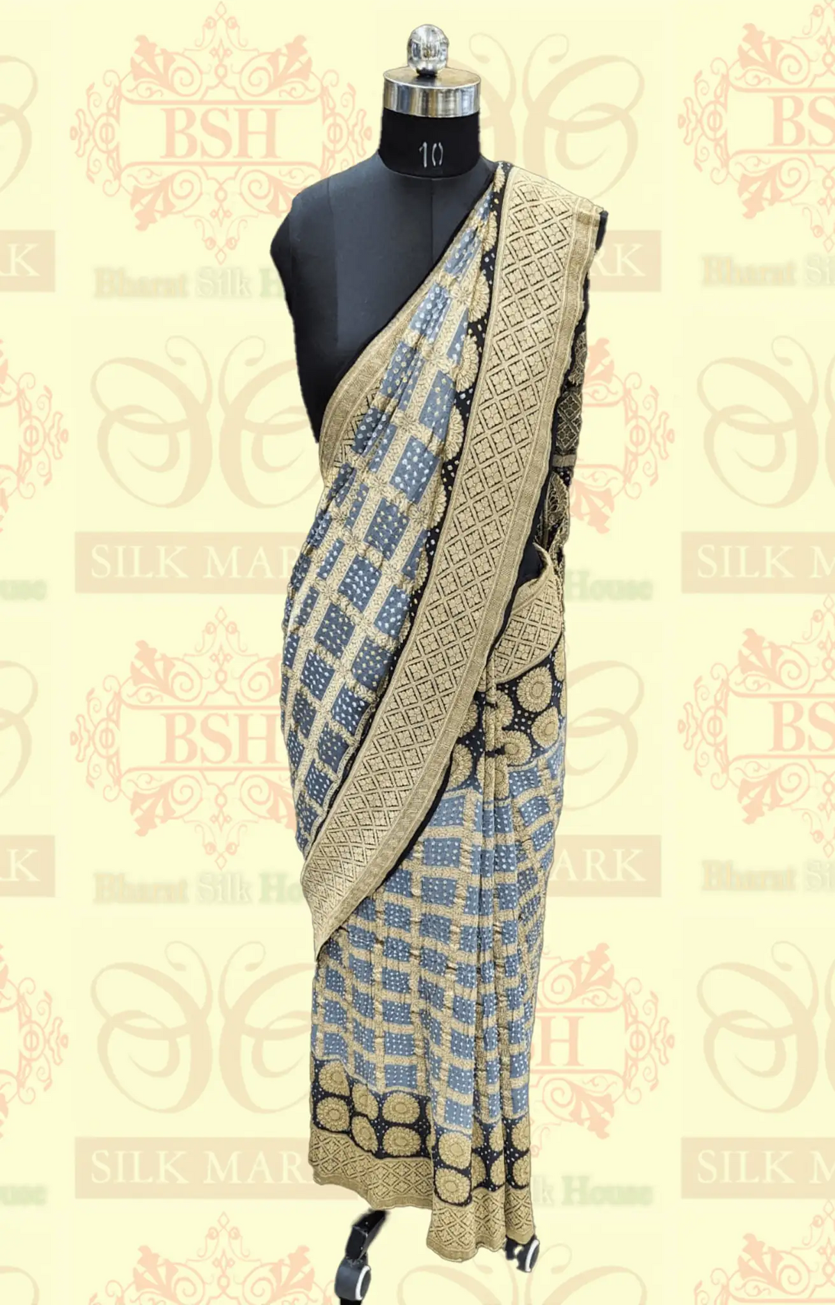 Pure Georgette Handloom Banarasi Bandhej Saree In Dual Shades Of Black/Grey - Bharat Silk House Bandhej