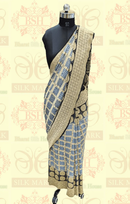 Pure Georgette Handloom Banarasi Bandhej Saree In Dual Shades Of Black/Grey - Bharat Silk House Bandhej