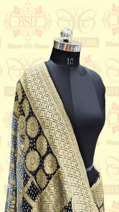Pure Georgette Handloom Banarasi Bandhej Saree In Dual Shades Of Black/Grey - Bharat Silk House Bandhej