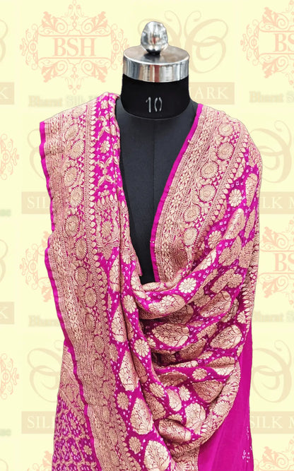 Pure Georgette Handloom Banarasi Bandhej Saree In Shades Of Pink - Bharat Silk House Bandhej