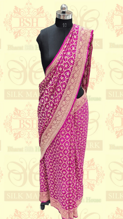 Pure Georgette Handloom Banarasi Bandhej Saree In Shades Of Pink - Bharat Silk House Bandhej