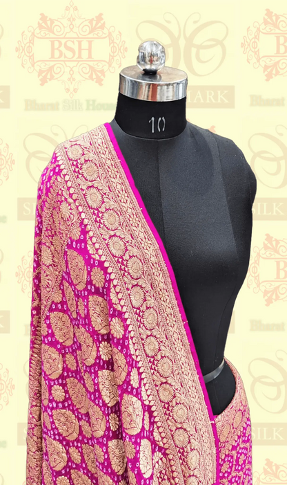 Pure Georgette Handloom Banarasi Bandhej Saree In Shades Of Pink - Bharat Silk House Bandhej