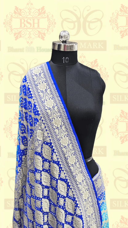 Pure Georgette Handloom Bandhej Banarasi Saree In Dual Shades Of Royal Blue - Bharat Silk House Bandhej