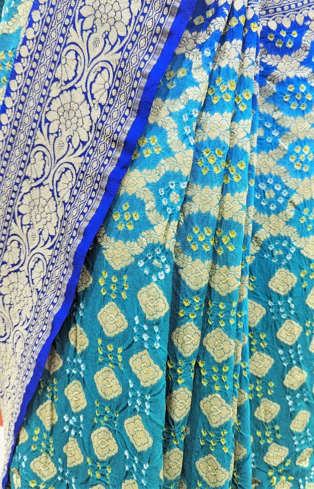 Pure Georgette Handloom Bandhej Banarasi Saree In Dual Shades Of Royal Blue - Bharat Silk House Bandhej