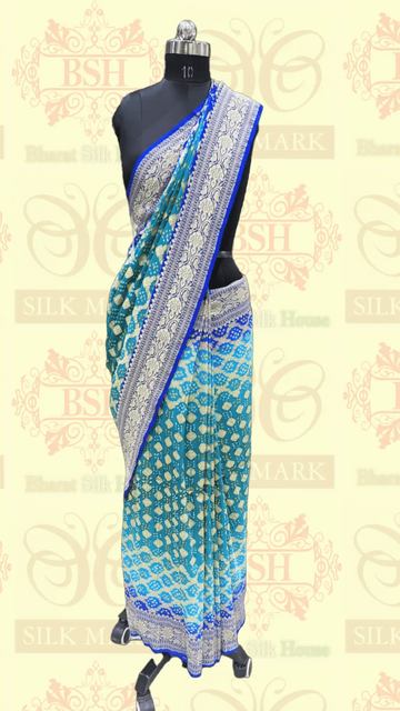 Pure Georgette Handloom Bandhej Banarasi Saree In Dual Shades Of Royal Blue - Bharat Silk House Bandhej