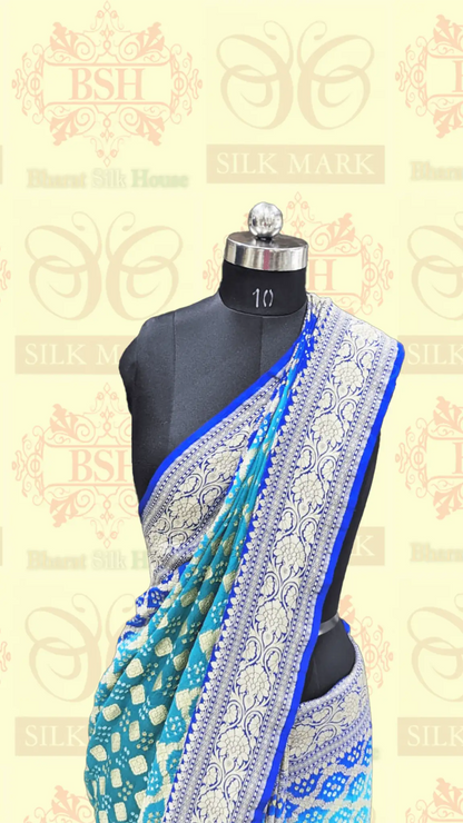 Pure Georgette Handloom Bandhej Banarasi Saree In Dual Shades Of Royal Blue - Bharat Silk House Bandhej