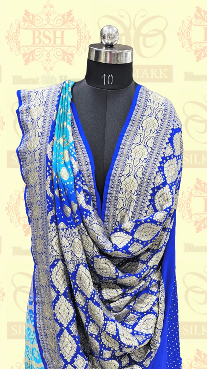 Pure Georgette Handloom Bandhej Banarasi Saree In Dual Shades Of Royal Blue - Bharat Silk House Bandhej