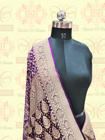 Pure Hand Bandhej Silk Saree With Zari Weaving Work In Shades Of Magenta - Bharat Silk House