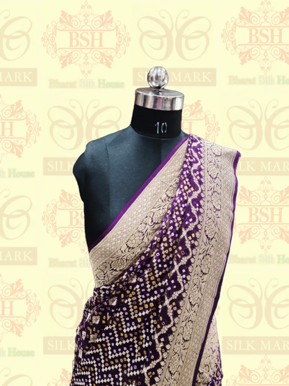 Pure Hand Bandhej Silk Saree With Zari Weaving Work In Shades Of Magenta - Bharat Silk House Bandhej