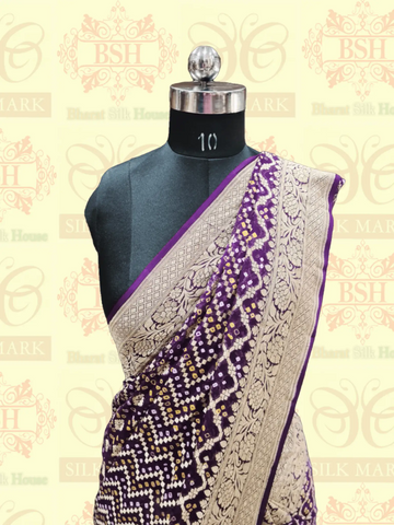 Pure Hand Bandhej Silk Saree With Zari Weaving Work In Shades Of Magenta - Bharat Silk House Bandhej