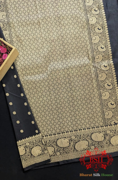 Pure Handloom Katan Silk Antique Zari Saree In Shades Of Black - Bharat Silk House Pure Kataan Silk