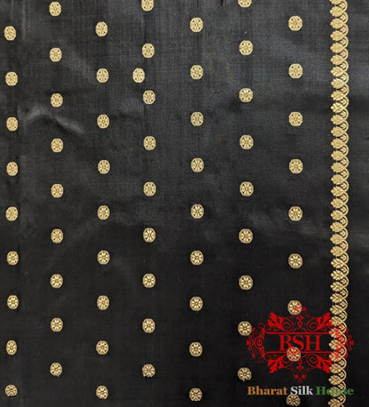Pure Handloom Katan Silk Antique Zari Saree In Shades Of Black - Bharat Silk House Pure Kataan Silk
